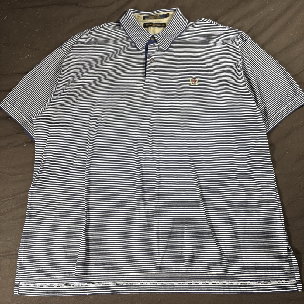 Vintage Tommy Hilfiger Polo Shirt Mens XL Navy White Stripe Crest Logo Preppy